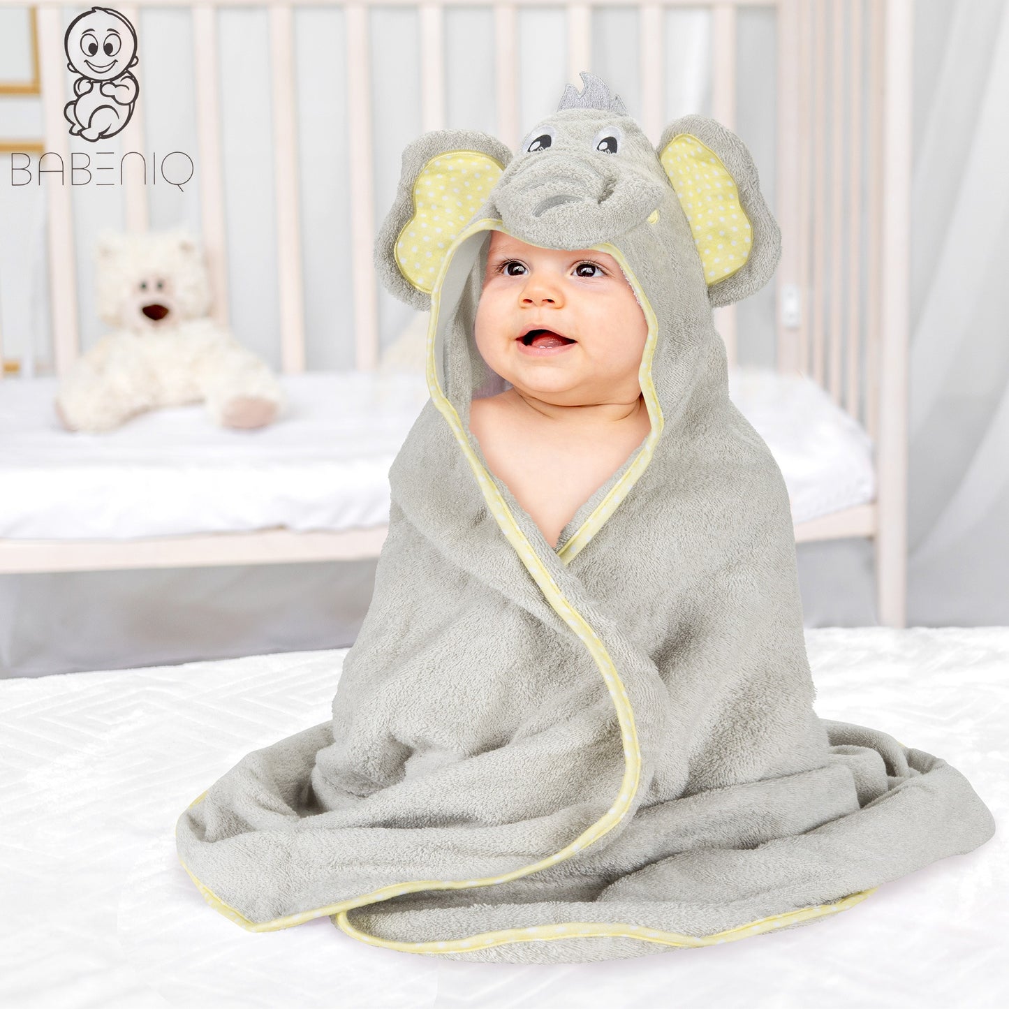 buy online Buy BABENIQ Cotton Elephant Hooded Baby Towel and Washcloth Gift Set Online